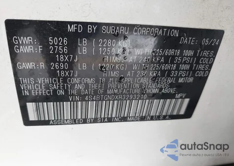 2024 Subaru Outback Limited Xt from USA, damaged, VIN 4S4BTGNDXR3293210